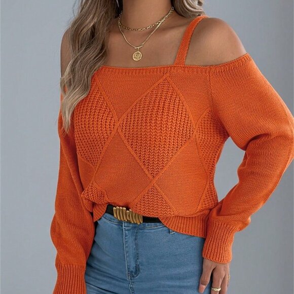 Orange Casual Women's Plaid Print Open Shoulder Long Sleeve Pullover Sweater - Picture 4 of 5